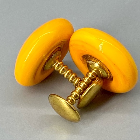 Vintage Art Glass Cuff Links Orange Yellow Swirls Handmade Blown Glass - Picture 8 of 15